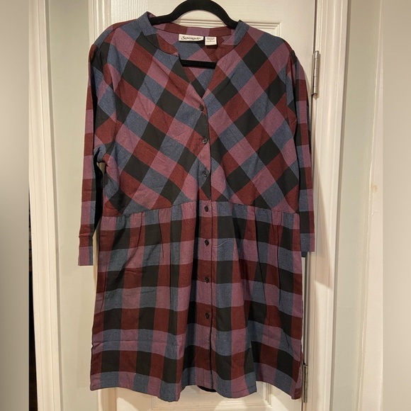 NWOT Serengeti Size L Long Sleeve Black Burgundy Check Flannel Button Mini Dress - Picture 1 of 12